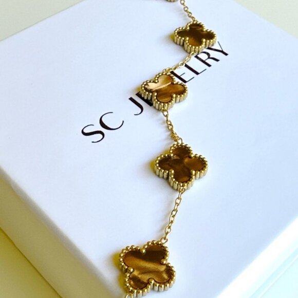 Last 1 !Clover Bracelet Tiger Eye Double Sided Four Leaf - Picture 4 of 12